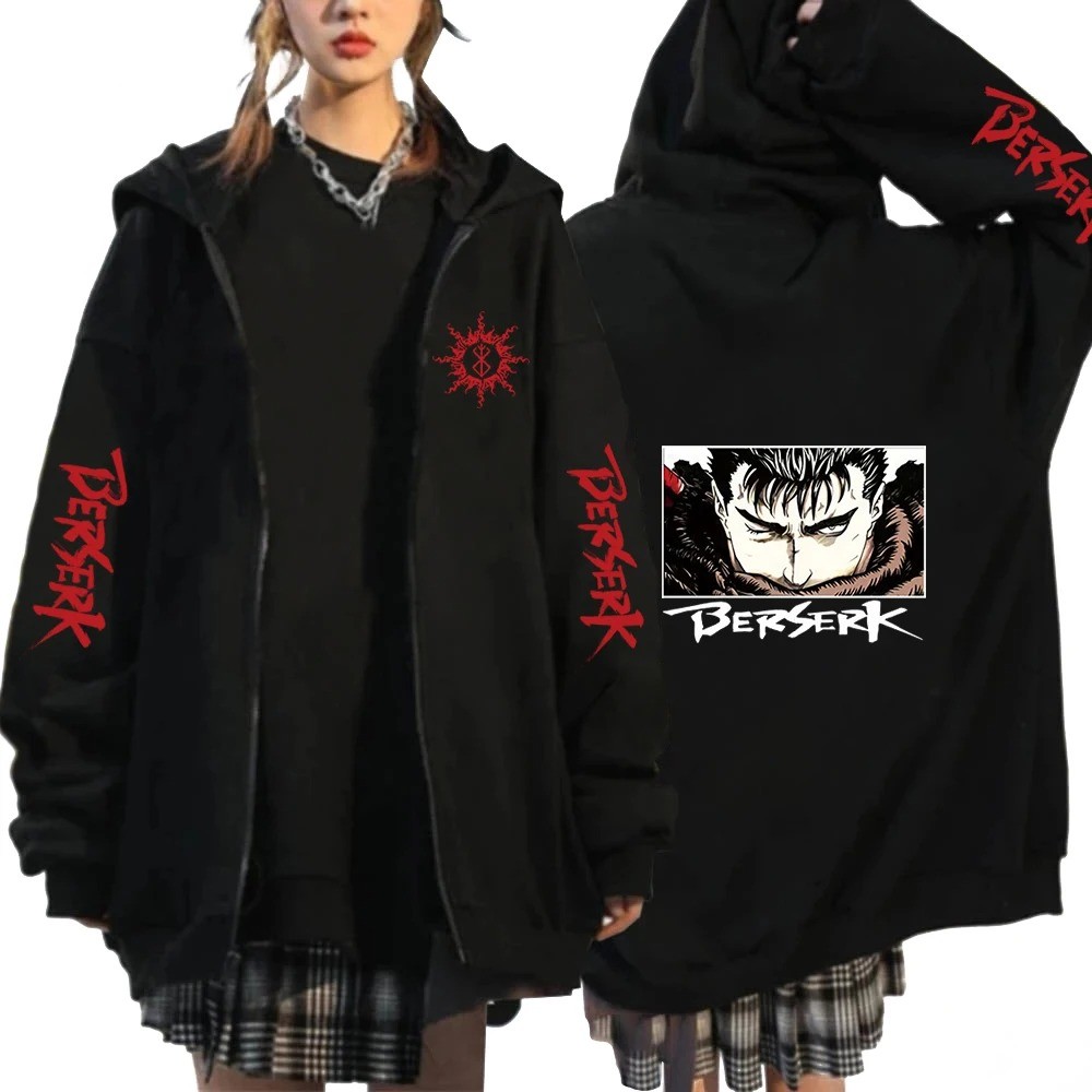 Anime Berserk Guts Mắt Áo Khoác Dây Kéo Manga Áo Hip Hop Thời Trang Quá Khổ Dài Tay Unisex