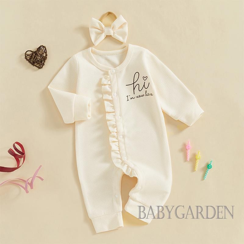 / / -Bộ Áo liền quần xếp nếp mùa thu in chữ dài tay cổ tròn Full Length Jumpsuit có nơ Headband