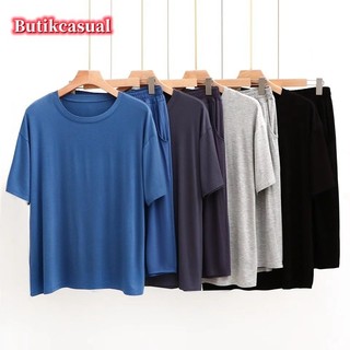 Nam 2 Chiếc Quần short Tay Ngắn Bộ modal cotton Áo Quần Bộ Đồng Bằng Rời Bộ Đồ Ngủ Thường Ngày Mùa Hè Mới Thoải Mái Cổ Tròn Bộ Đồ Ngủ Nam Phù Hợp Với L-3XL