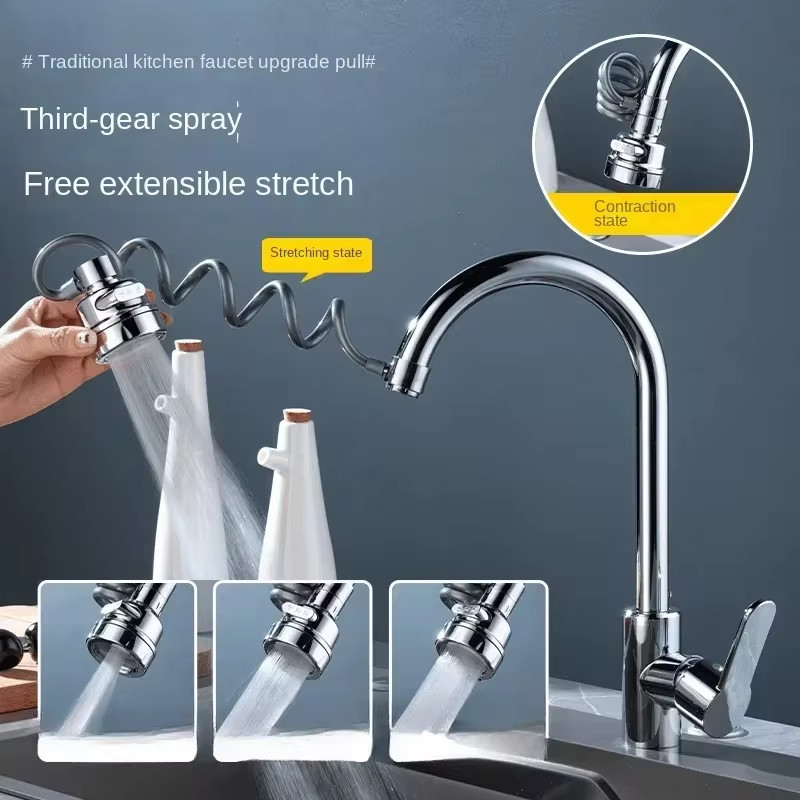 Vòi bếp kéo đa năng 3 chế độ bằng thép không gỉ 360°Xoay Kéo Ra Vòi Bồn Rửa Nước Tập Khớp Chống Bắn Hiện Vật Phụ Kiện Phòng Tắm