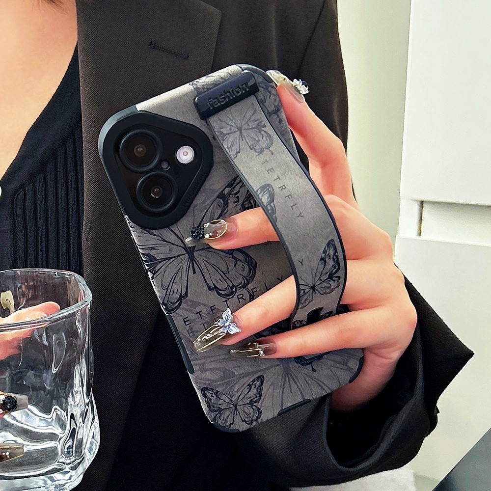 Dây đeo cổ tay Vỏ điện thoại da bướm cho iPhone 17 Pro Max 16 Plus 15 14 13 12 11 Vỏ bảo hiểm toàn diện Vỏ bảo vệ chống sốc