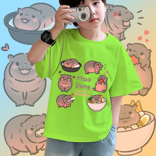 Moodeng Hippo Áo thun trẻ em dễ thương Phim hoạt hình vui nhộn Hippo Graphic Áo ngắn tay thường ngày mặc hàng ngày cho bé trai và bé gái