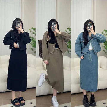 【Bess's house-bigsize】áo khoác jean+chân váy bò chữ a，set denim nữ，set đồ nữ đi chơi，Bộ đồ Denim mùa thu 2024 Áo khoác Denim mới Váy ngắn Váy thời trang Bộ đồ hai mảnh，đồ bộ nữ sang chảnh，set đồ 