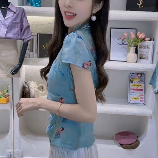 Mùa Hè 2025 Mới Phong Cách Trung Hoa Khóa Chảo Phong Cách Trung Hoa Đường Triều In Hình slim fit Áo Sơ Mi Tay Ngắn Cho Nữ