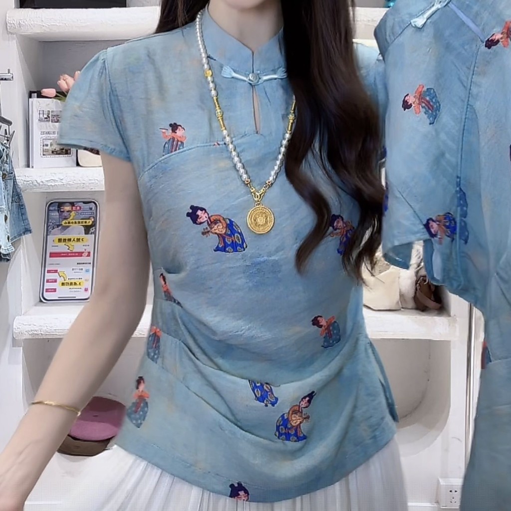 Mùa Hè 2025 Mới Phong Cách Trung Hoa Khóa Chảo Phong Cách Trung Hoa Đường Triều In Hình slim fit Áo Sơ Mi Tay Ngắn Cho Nữ