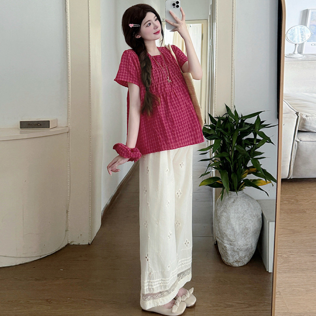 Bộ đồ bà bầu Áo ngắn tay kẻ sọc mùa hè + Quần ống rộng bằng vải lanh Cotton Bộ đồ hai mảnh