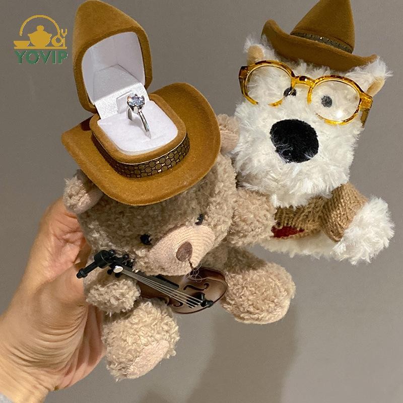 YOVIP Đàn Violin Dễ Thương Gấu Nâu Tây Nguyên Chó Sang Trọng Búp Bê Nhẫn Hộp Trưng Bày Trang Sức Tổ Chức Quà Tặng VN