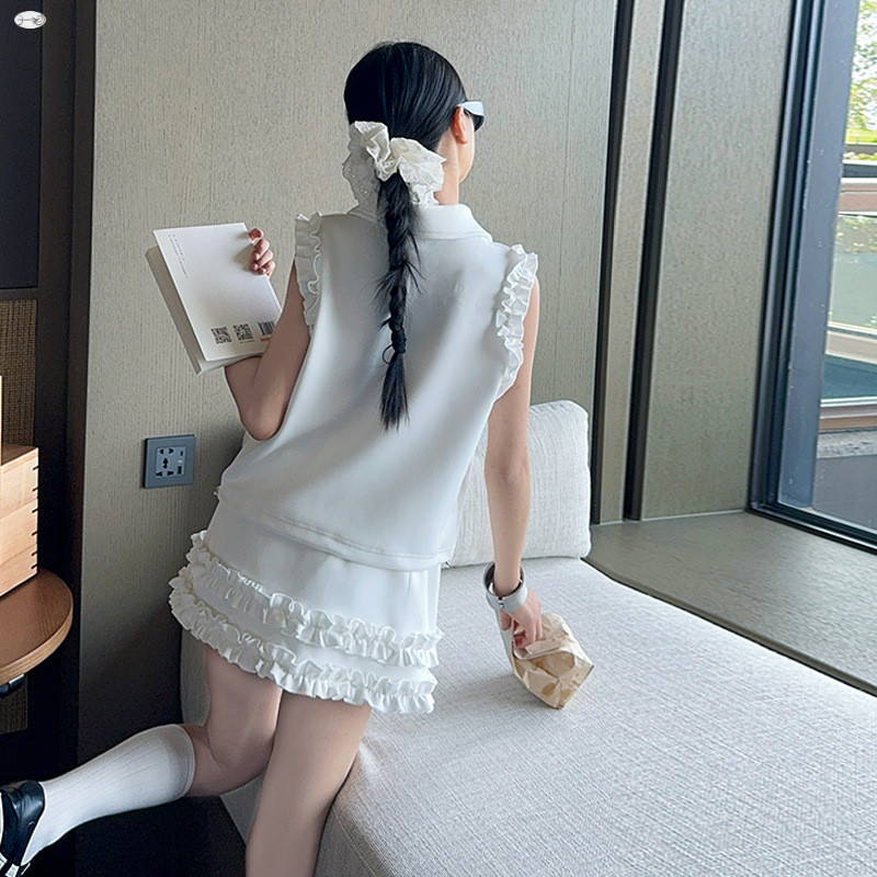 Bộ đồ ren thời trang bé gái Phiên bản Hàn Quốc Áo cổ polo trắng + Váy eo cao Bộ đồ hai mảnh