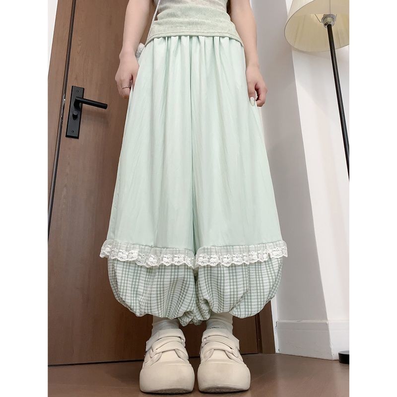 Váy culottes nữ màu vàng năm 2025 với ren bloomers eo cao và ống rộng
