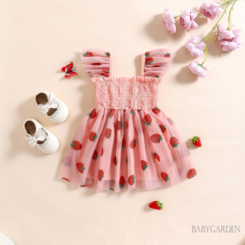 / / -Baby Girl Ruffle Tay Vuông Cổ Dâu In Hình Công Chúa Tulle