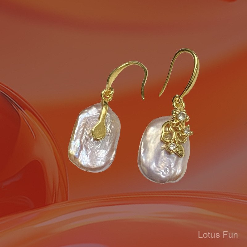 Bông tai hoa dát ngọc trai Baroque màu tím mạ bạc 18K vàng 925