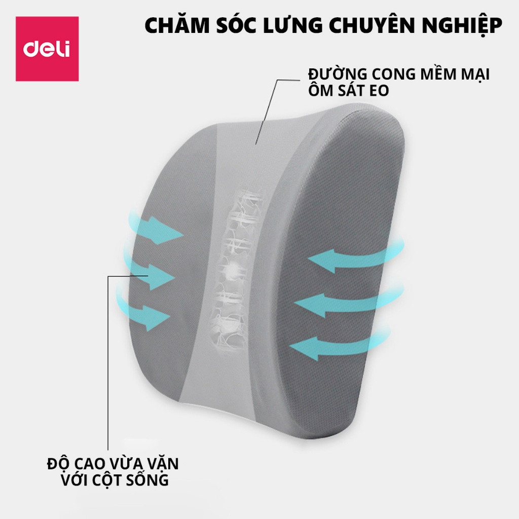 Đệm ngồi tựa lưng DELI - Gối lưng hỗ trợ tư thế văn phòng chống đau xương cụt, giảm đau lưng