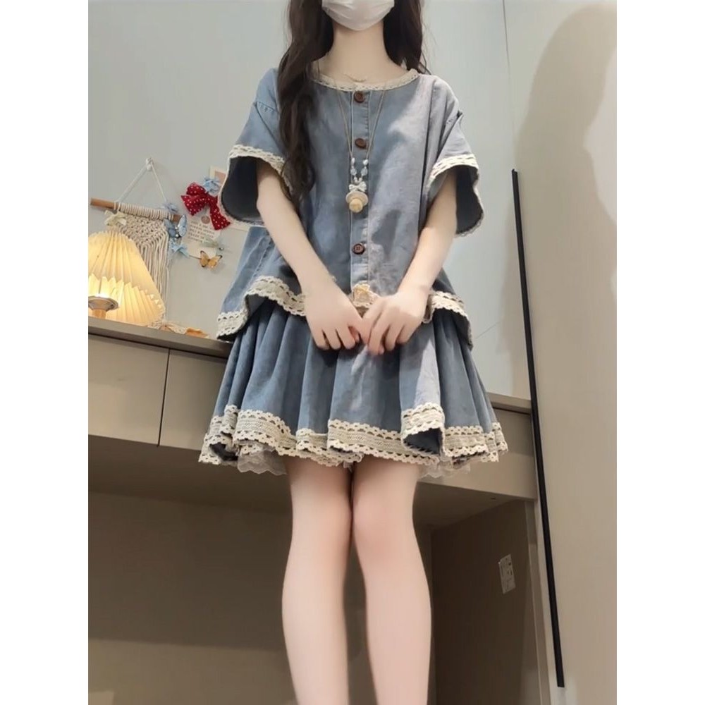 [Yu]Áo denim rộng phối váy denim ren, set hai mảnh phong cách vintage cá tính cho phái đẹp.