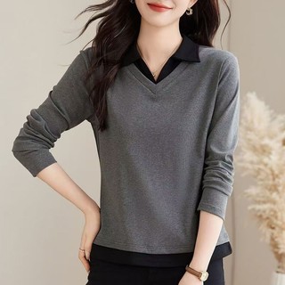 Áo thun nữ dài tay cổ Polo dáng rộng, chất liệu cotton mỏng