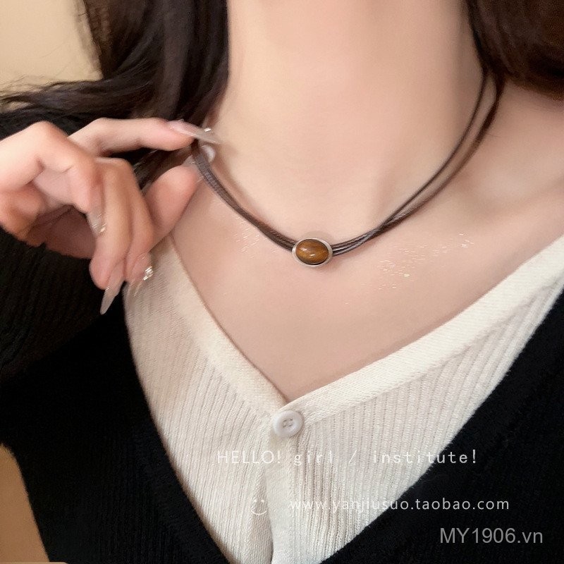 Vòng cổ mặt dây chuyền mắt hổ bằng da, thiết kế cổ điển và sang trọng cho nữ