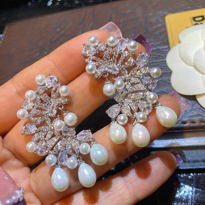 Hàn Quốc Zircon Tinh Tế Ngọc Trai Tính Khí Phong Cách Mới Tua Rua Ánh Sáng Bông Tai Sang Trọng Bán Buôn