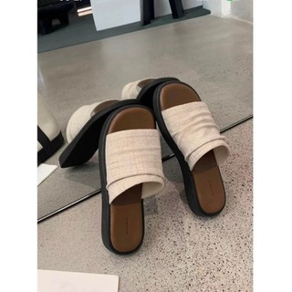 Giày Sandal Gót Chân Tròn Đế Bằng Nữ Vải Lanh Slip-On