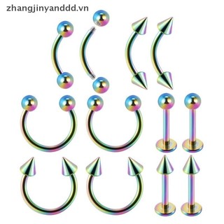 Bộ trang sức xỏ lỗ cơ bản gồm 12 cái: thép phẫu thuật màu bạc, mạ vàng và đen cầu vồng cho tai, mũi, lông mày.