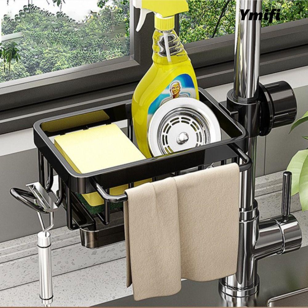 Giá thoát nước bồn rửa chén YMIFI, Kệ thoát nước xà phòng Giỏ đựng bọt biển bằng nhôm không gian, Dụng cụ sắp xếp phòng tắm Multipurppse Tiết kiệm không gian Giá đỡ vòi bếp