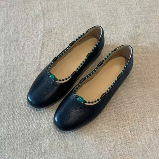 Retro Nông Miệng Tròn Mũi Bà Giày Đính Hạt Giày Đế Bằng