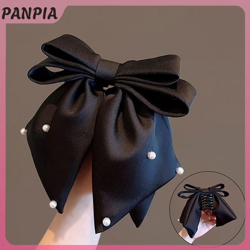 PANPIA-Satin Nơ Kẹp Tóc Tính Khí Mũ Màu Trơn Ngọc Trai Kẹp Tóc Cho Nữ Bé Gái Đuôi Ngựa Phụ Kiện Tóc