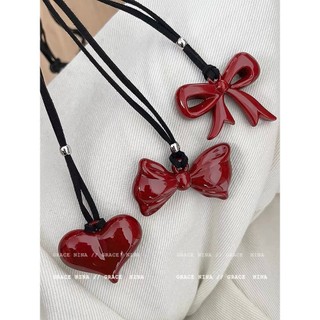 Vòng cổ Ankela đỏ nơ tình yêu, dây sáp đen điều chỉnh được, style Hàn Quốc