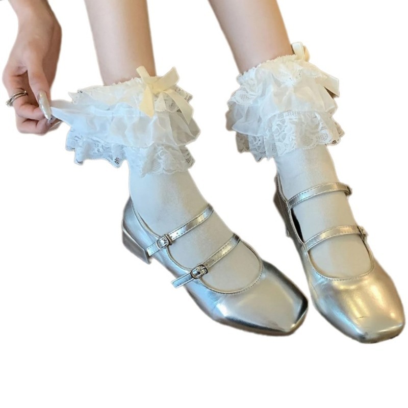 Fl Thời Trang Ren Ruffle Tất Ngọt Nơ Cánh Frilly Đầm Tất Nữ