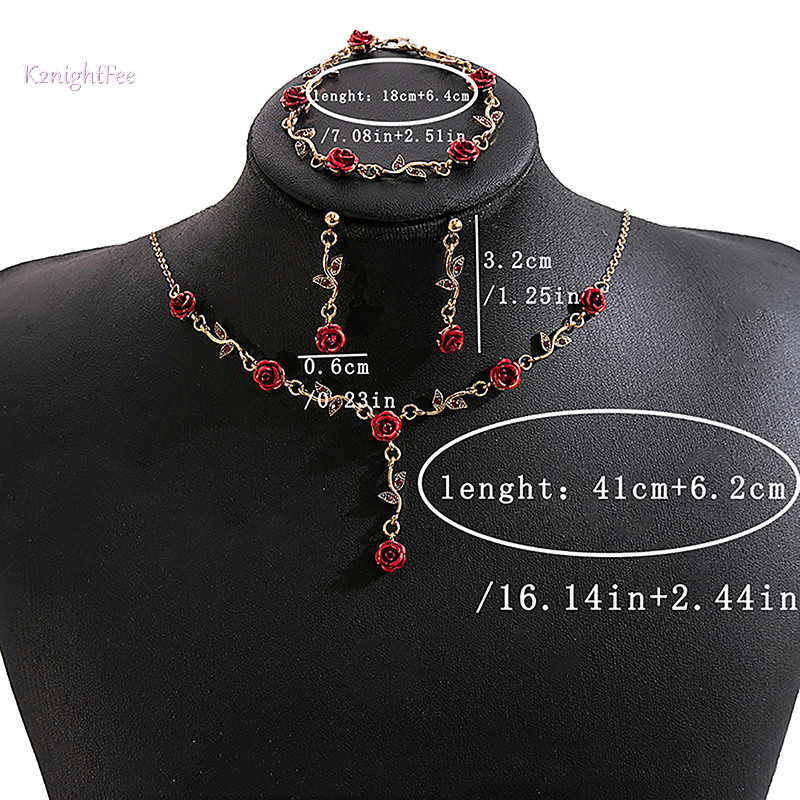 K2nightfee 1 Cái / Cặp / bộ Vintage Pháp Hoa Hồng Vòng Cổ Vòng Tay Bông Tai Bộ Dành Cho Nữ Thời Trang Lãng Mạn Đính Hôn Phụ Kiện Trang Sức VN