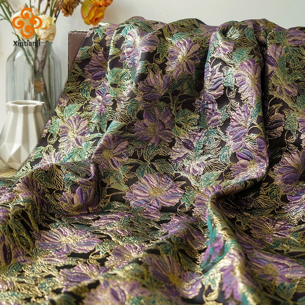 Vàng Tím Cổ Điển Lụa Vàng Hoa jacquard Đầm Vải 1 Mét Họa Tiết Thời Trang Sợi Nhuộm Tranh Vải Trang Trí TJ22092
