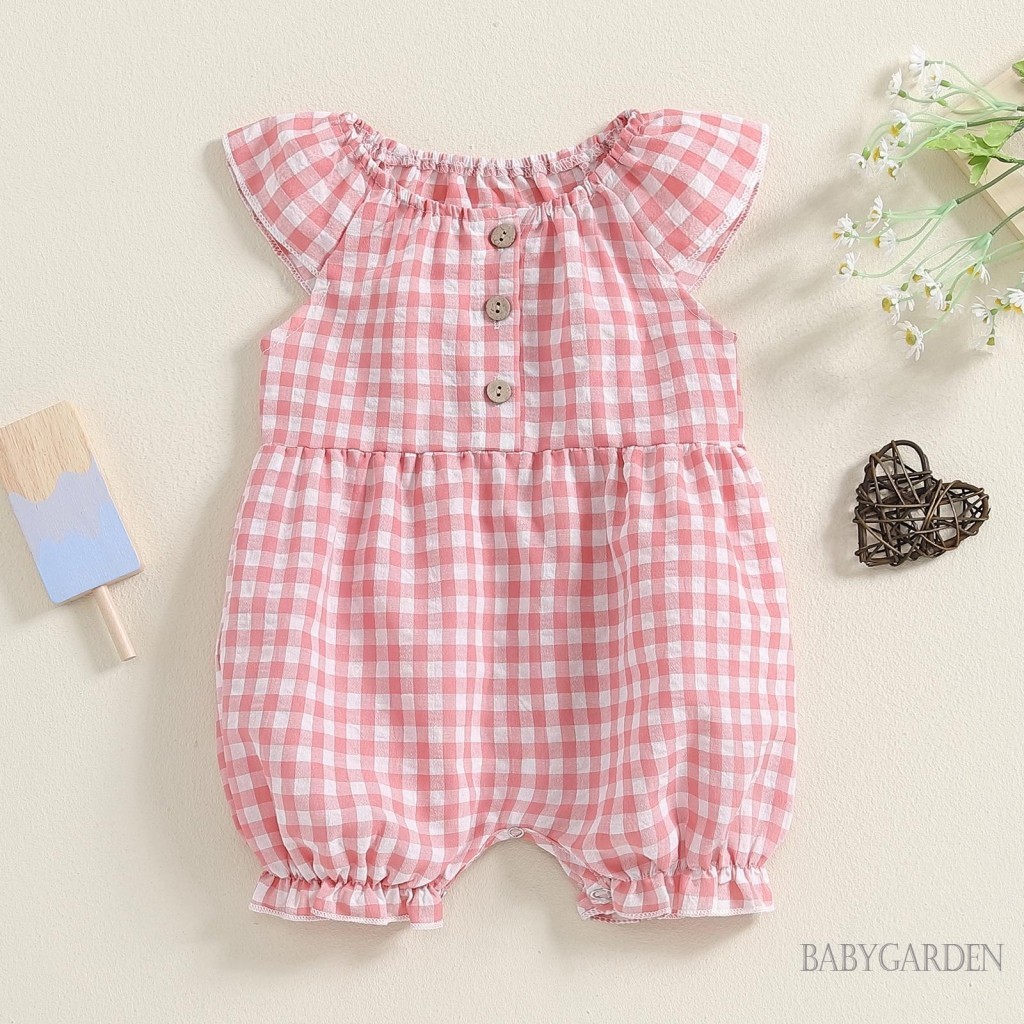 Baga-baby Bé Gái Áo Liền Quần Kẻ Sọc Nút Bay Tay Co Giãn Cổ Tròn Jumpsuit Quần Áo Thường Ngày Mùa Hè