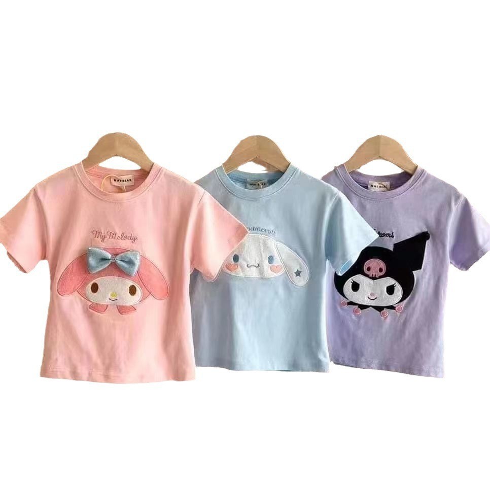 2024 Kawaii Áo Thun Kuromi Cinnamoroll Cô Gái My Melody Trẻ Em Tay Ngắn Anime Hoạt Hình Mùa Hè Trẻ Em Quần Áo Hàng Đầu