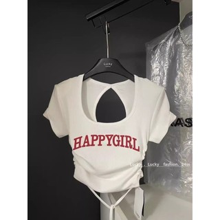 Thời Trang Mùa Hè Mỹ Hot Girl Slim-fit Co Giãn Dây In Chữ Phải Vai Ngắn T