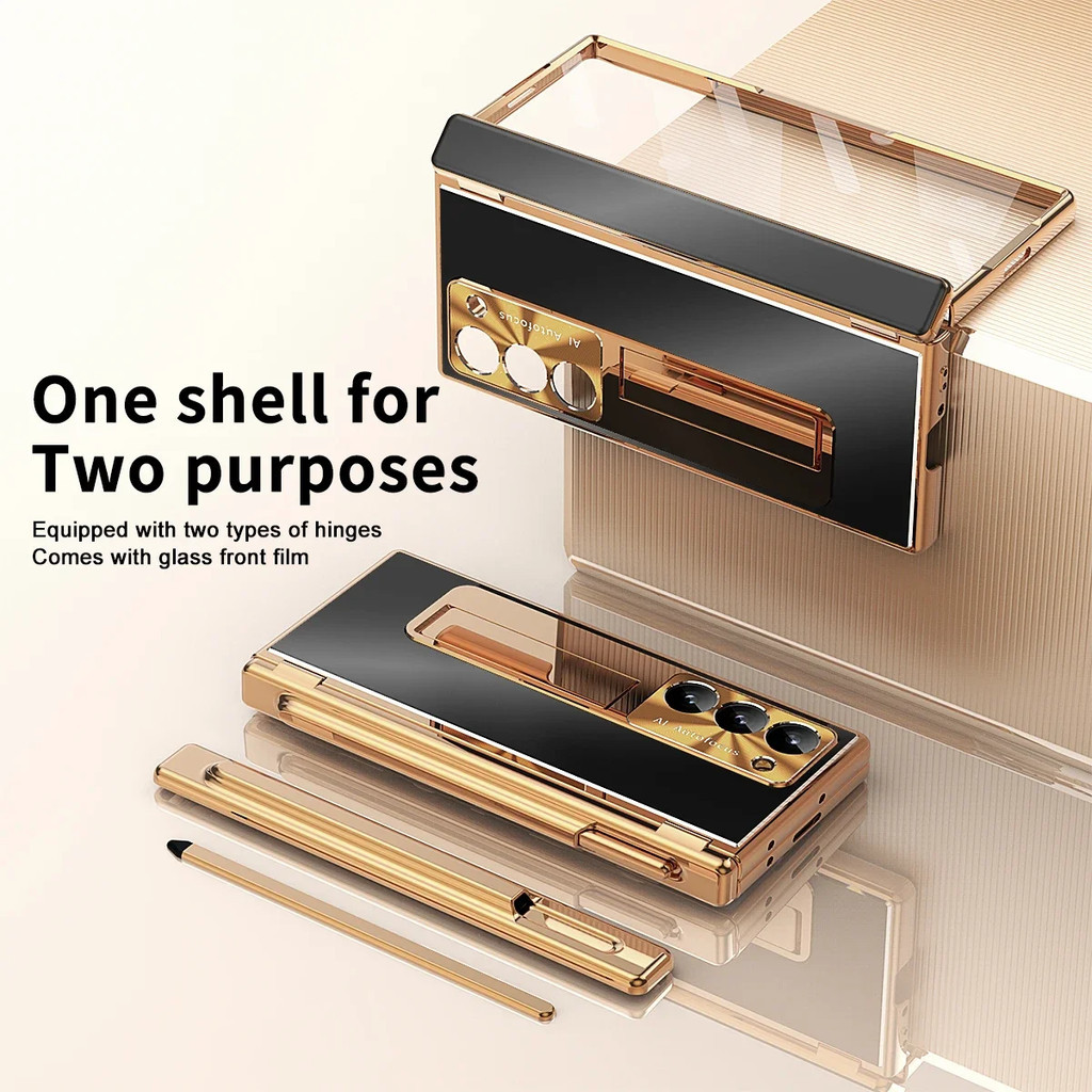 Kim Loại Hợp Kim Nhôm Dành Cho Samsung Galaxy Z Fold 7 6 5 4 3 Có Bút Cảm Ứng Da Bảo Vệ Toàn Diện Kính Phim Đứng Gấp Bao