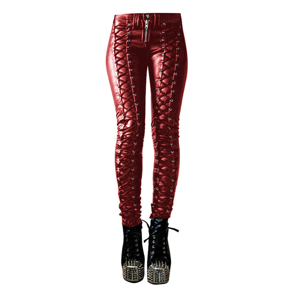 Codstore _ livecity Steampunk Nữ Giả Da Cosplay Quần Carnival Đảng Skinny Nút Quần