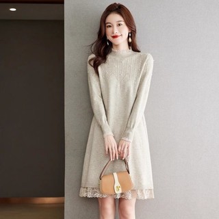Đầm Dệt Kim Ren Nữ Thu Đông Tính Khí Phong Cách Mới Đáy Nhỏ Giữa Chiều Dài Áo Len Đầm