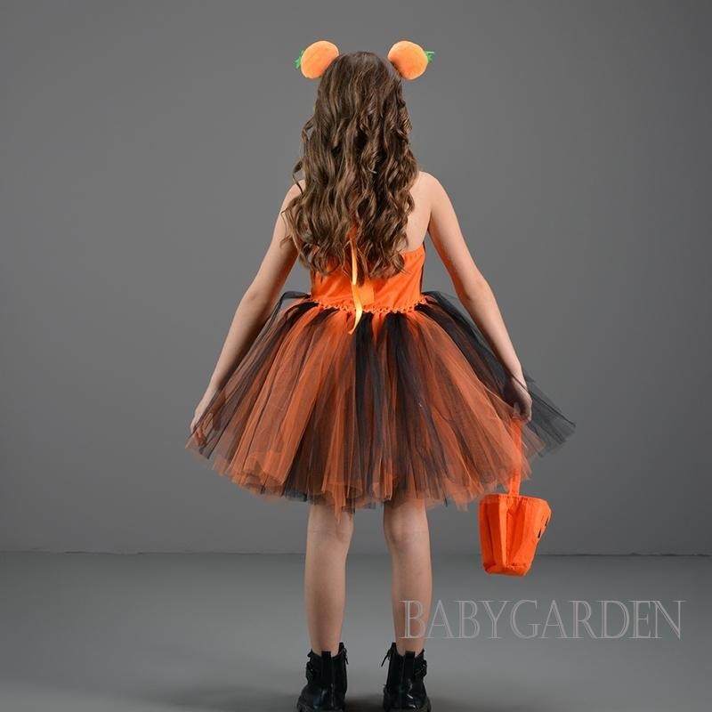 Baga-halloween Trang Phục Bí Ngô Cho Bé Gái 2-12 Tuổi Váy tuyn Không Tay Dễ Thương + Bộ Túi Đeo Đầu Trang Phục Hóa Trang