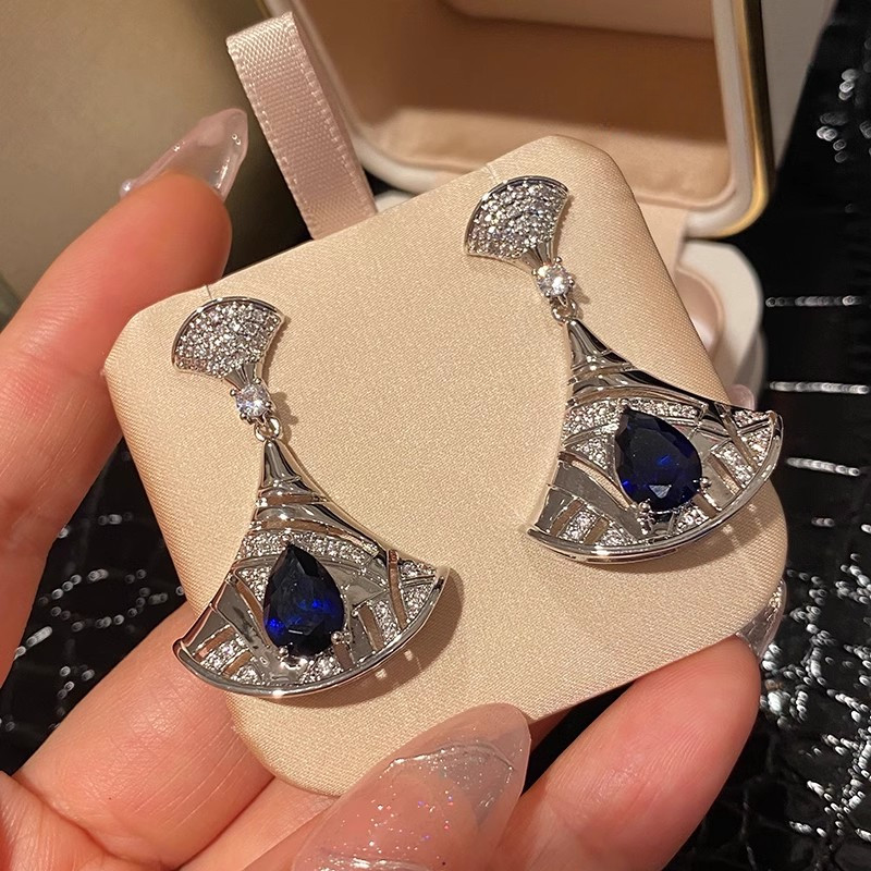Mới Màu Xanh Zircon Hình Quạt Bông Tai Nữ Ánh Sáng Sang Trọng Thời Trang Tính Khí Bông Tai Wholes