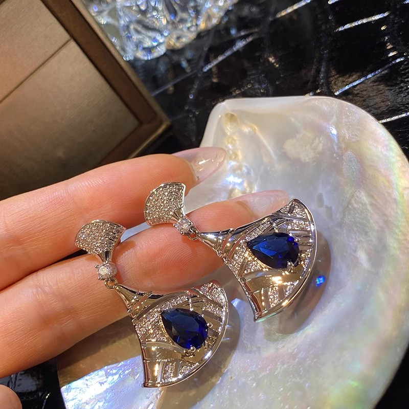 Mới Màu Xanh Zircon Hình Quạt Bông Tai Nữ Ánh Sáng Sang Trọng Thời Trang Tính Khí Bông Tai Wholes