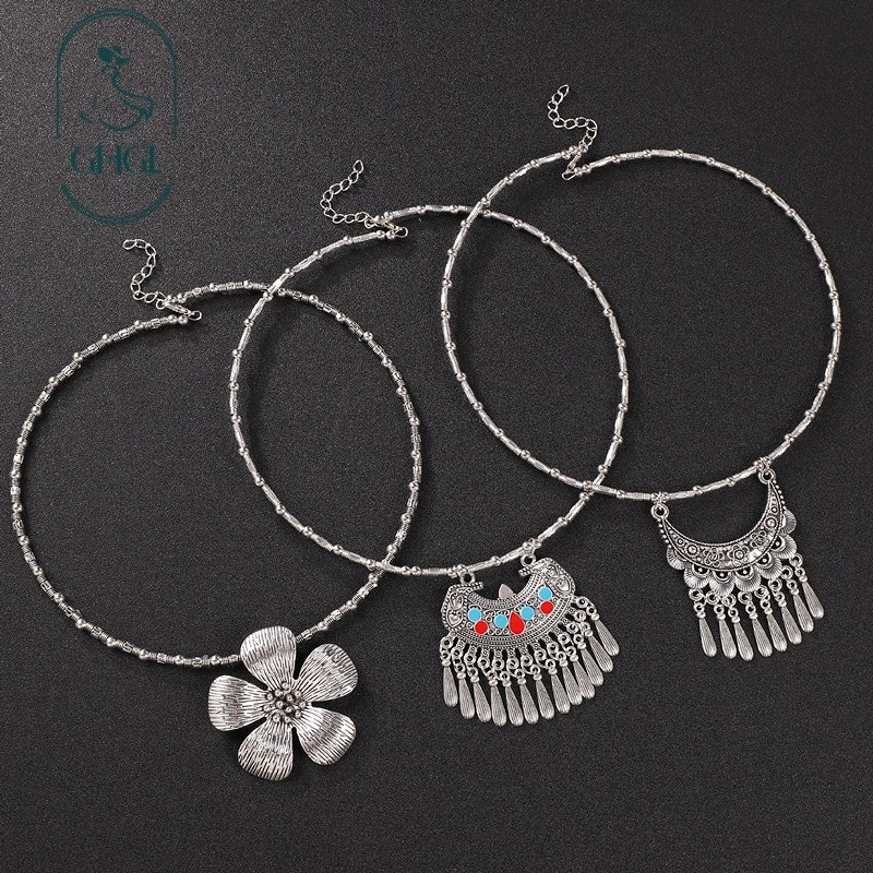 GHGl Hàng Sẵn Có Đa Dạng Handmade Phong Cách Dân Tộc Cổ Retro Hoa Miao Bạc Tua Rua Mặt Dây Chuyền Vòng Cổ Trung Quốc Mới Niche Kỳ Lạ Nữ Xương Đòn Dây Chuyền