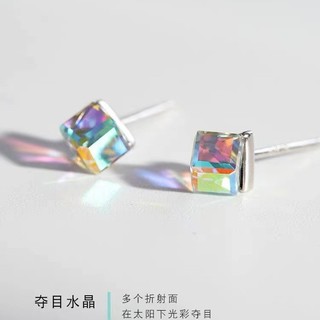 Bông tai hình khối đường Aurora Bông tai pha lê vuông kim bạc 925