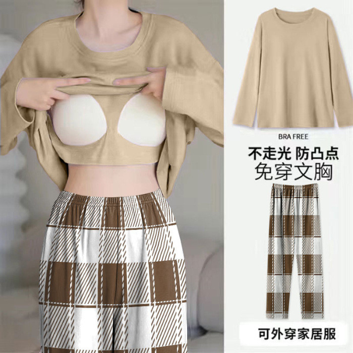 Mùa xuân thu có miếng đệm ngực chống lộ đồ ngủ dài tay rộng rãi dành cho nữ cỡ lớn cộng với kích thước đơn giản phù hợp với đồ mặc nhà có thể mặc bên ngoài