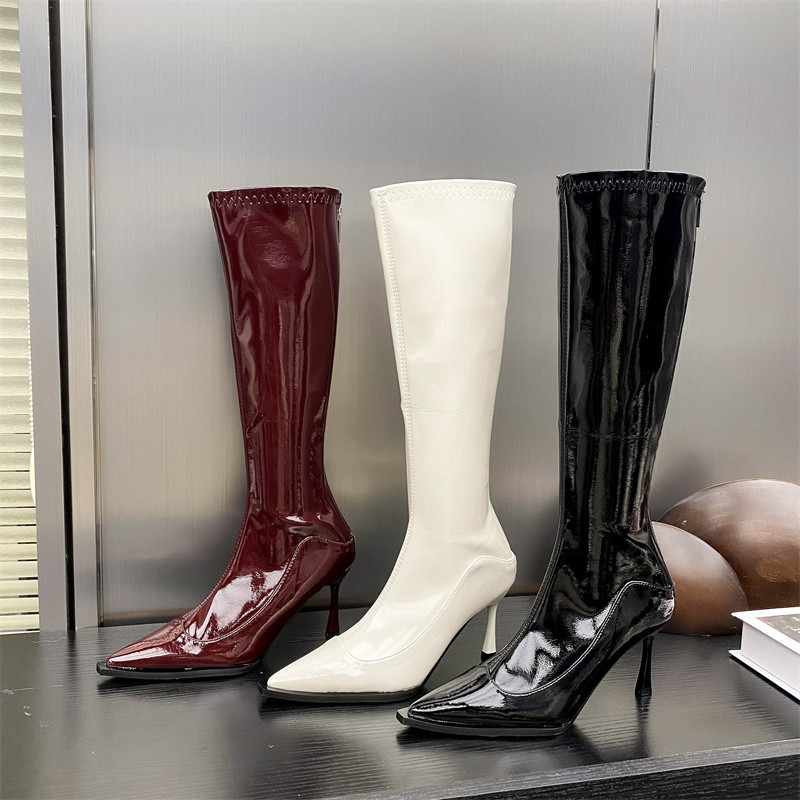 Kd Nhưng Giày Bốt Đầu Gối Nữ Mũi Vuông Stiletto Giữa Ống Giày Bốt Thu Đông Phong Cách Mới Giày Cao Cấp Burgundy Giày Da Sáng Chế