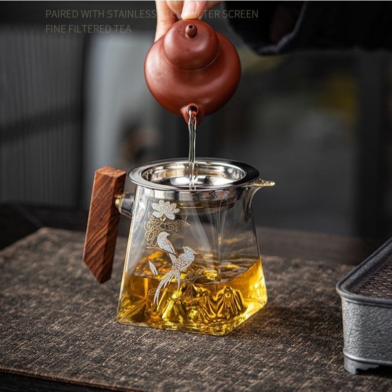 Tống Chuyên Trà Bằng Thủy Tinh Chịu Nhiệt Họa Tiết Chim Hoa Dung Tích 330 ml