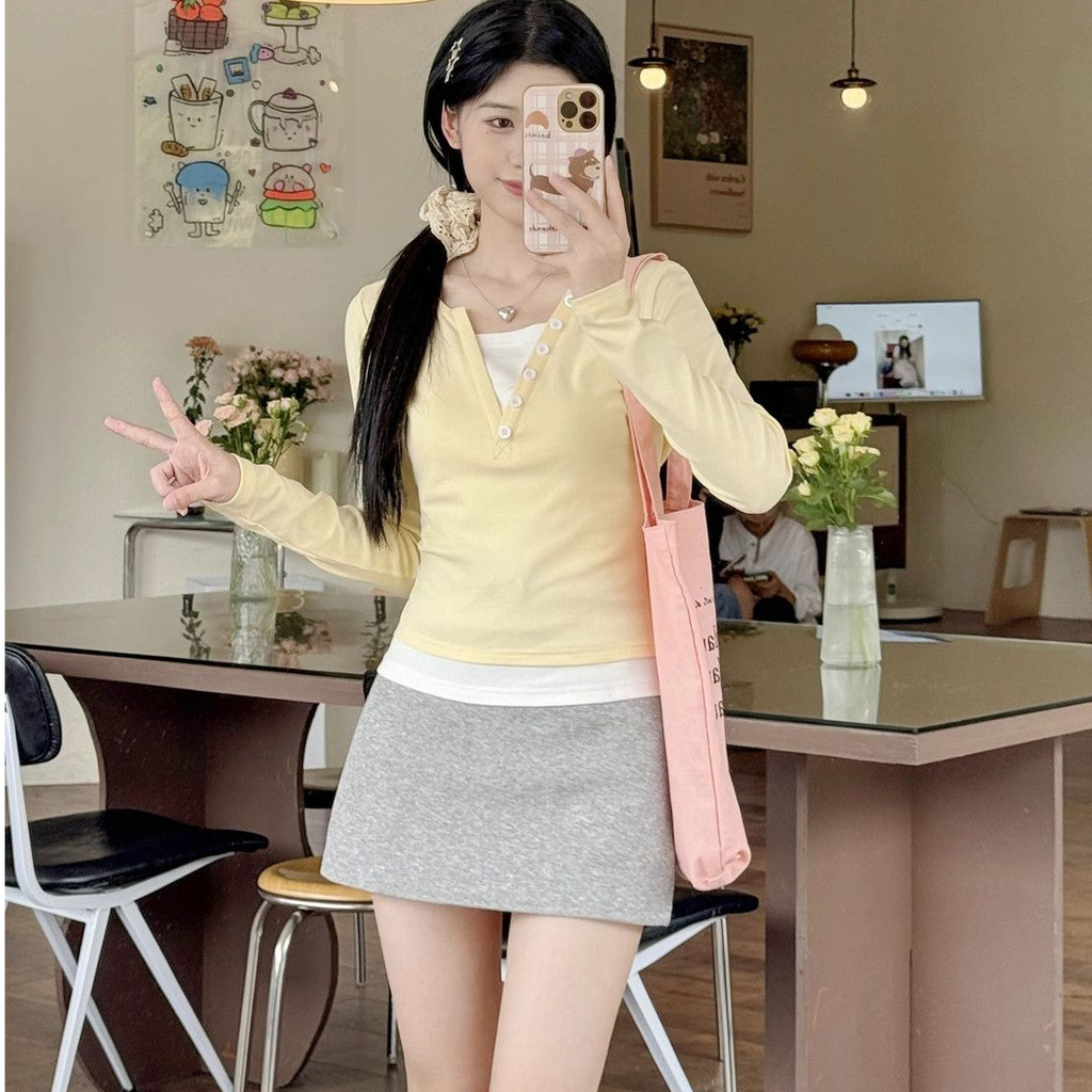 Suxi Dễ Thương Màu Ngọt Ngào Mới Đơn Giản Áo Thun Dài Tay Nữ Slim Fit Áo 240919
