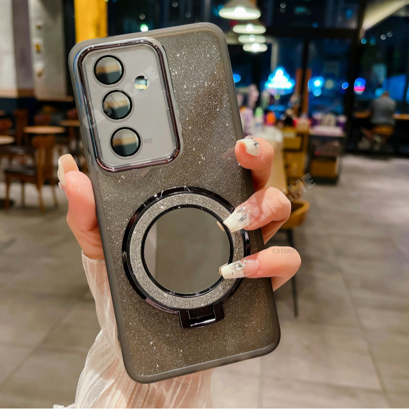 Samsung S24 FE 2024 Gương Giá Đỡ Từ Tính Vỏ Lấp Lánh Cho Samsung Galaxy S24FE S 24 FE S24 Plus Ultra 4G 5G Bao Camera Vỏ Điện Thoại Chống Ốp Lưng Mềm Bảo Vệ Ống Kính