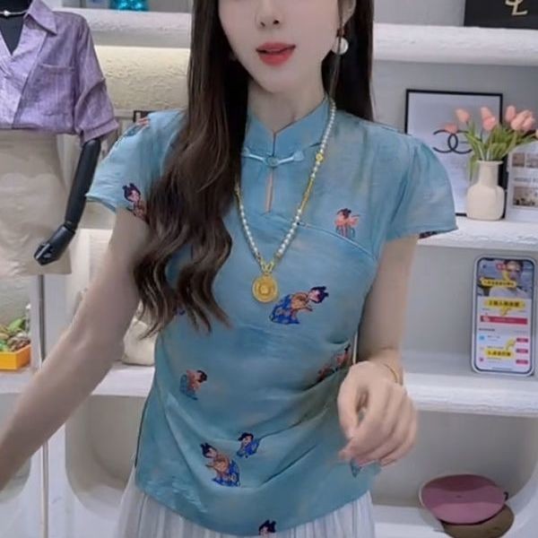 Mùa Hè 2025 Mới Phong Cách Trung Hoa Khóa Chảo Phong Cách Trung Hoa Đường Triều In Hình slim fit Áo Sơ Mi Tay Ngắn Cho Nữ