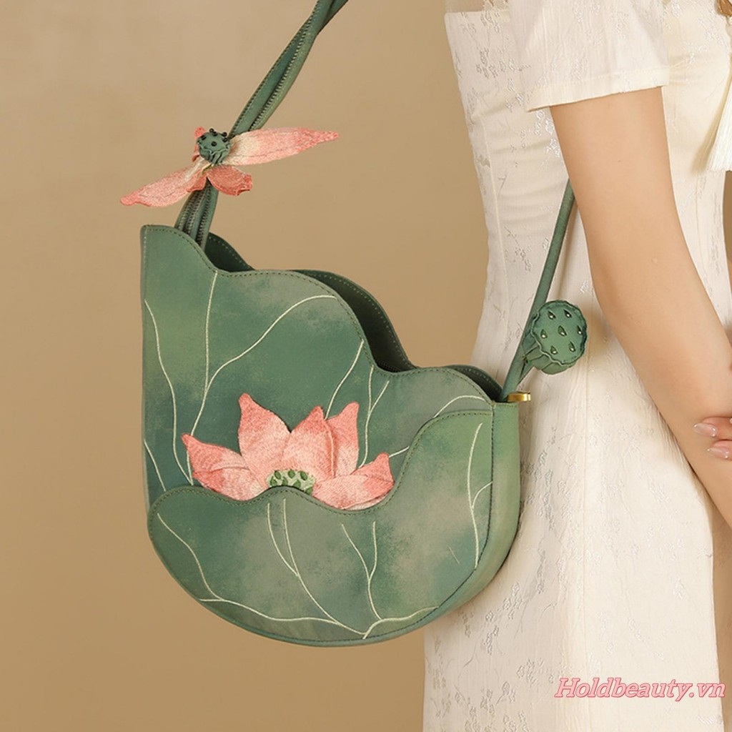 Ví đeo vai hoa cho nữ Túi xách đính hoa sen cổ điển Túi mua sắm nhẹ