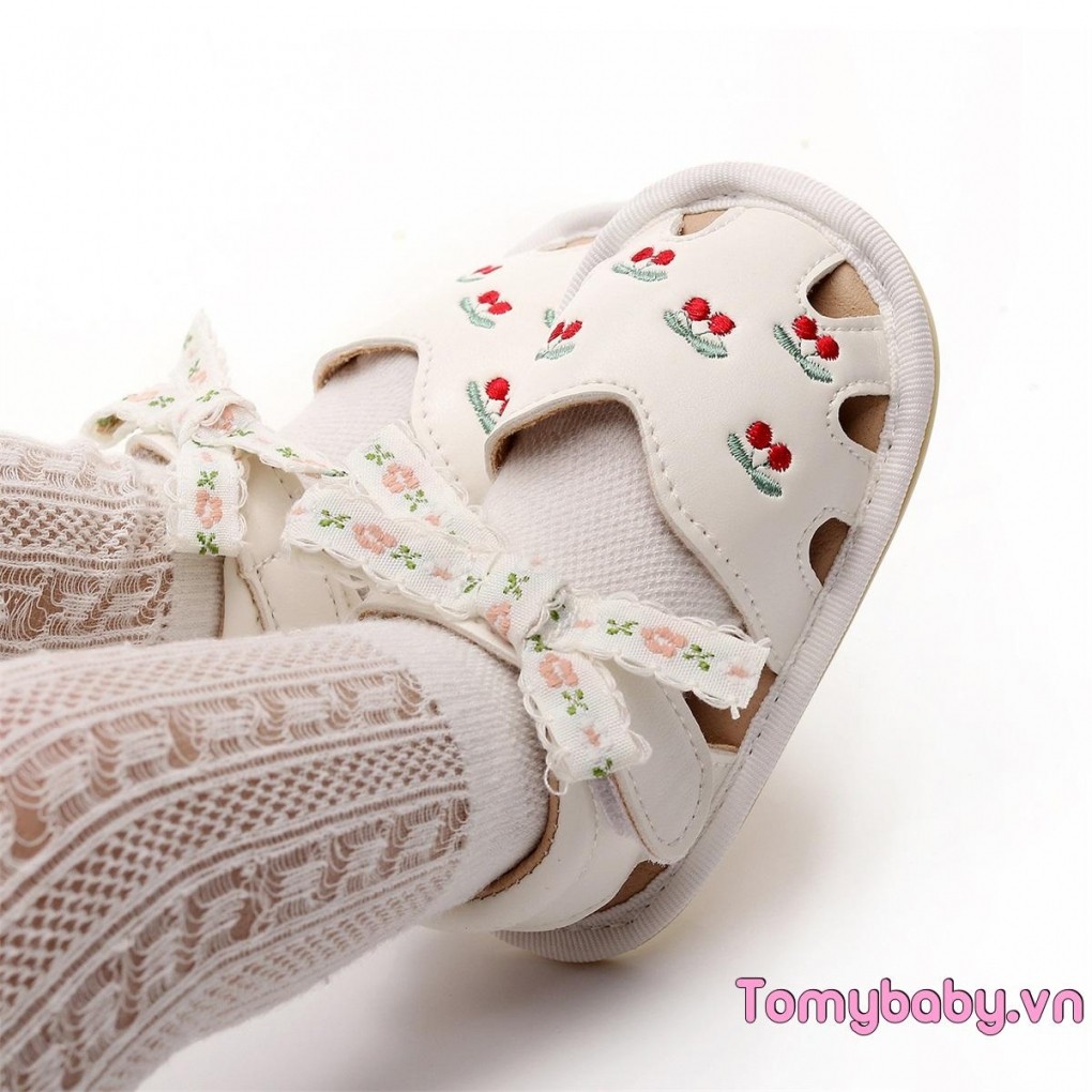 Xăng đan Bé Gái Da PU Linh Hoạt Chống Trơn Trượt Bowknot Cherry Mùa Hè Giày Thường Ngày