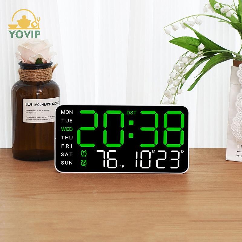 YOVIP Đồng hồ treo tường kỹ thuật số lớn Ngày tuần Hiển thị nhiệt độ Bàn điều khiển bằng giọng nói Đồng hồ báo thức LED Độ sáng Có thể điều chỉnh Đồng hồ 12 / 24H VN