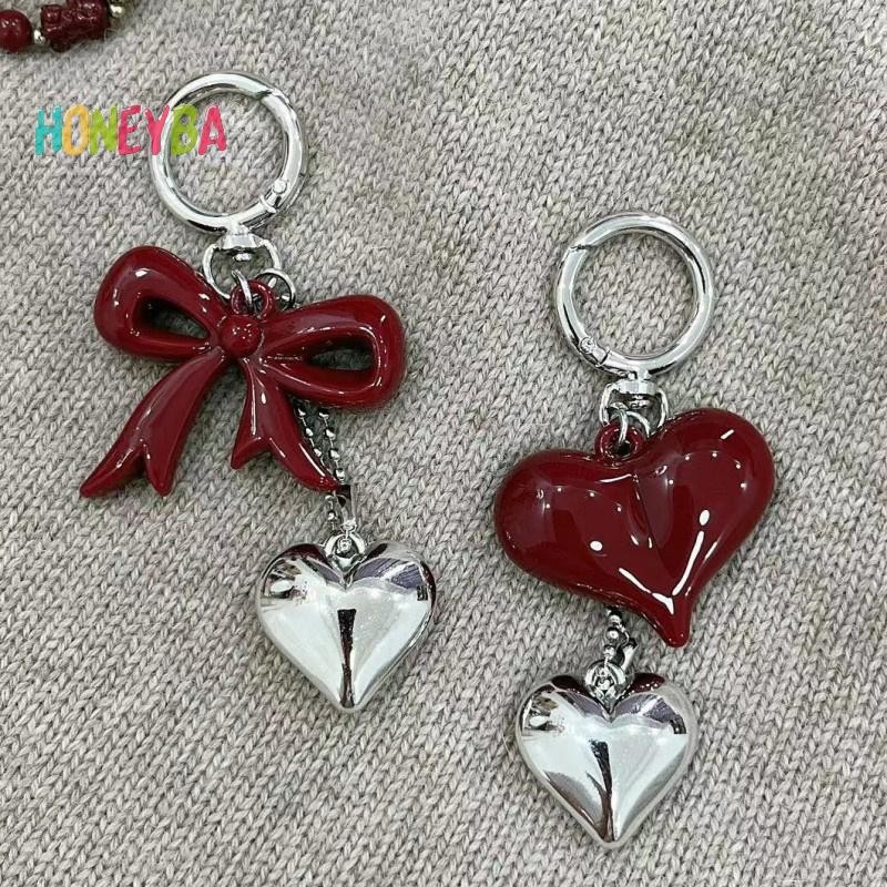 < Honeyba > Mặt dây chuyền móc khóa Acrylic hình trái tim nơ màu đỏ đơn giản dành cho nữ Cô gái Phụ kiện trang trí ba lô đa năng Quà tặng